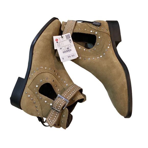NWT Zara studded leather suede cutout ankle boots size 9 - Picture 2 of 11